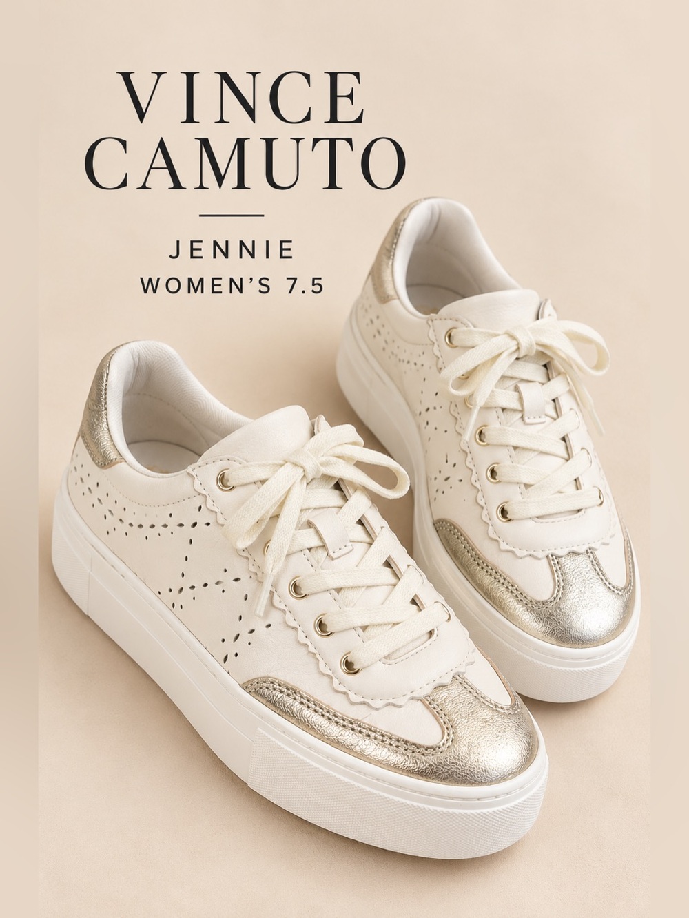 Vince Camuto Jennie Leather Platform Sneakers Cream Metallic Gold Size 7.5